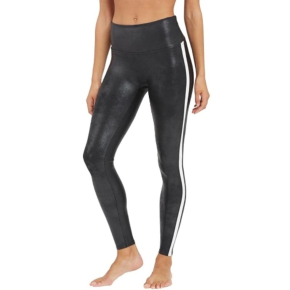 SPANX BLACK FAUX LEATHER LOOK LEGGINGS WITH STRIPES WOMENS SX XS - Picture 1 of 9